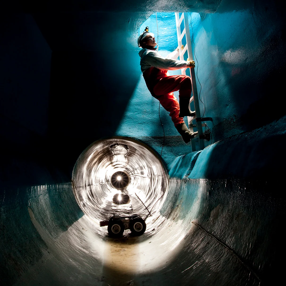 Ein Arbeiter klettert während einer inline- Kanalsanierung auf einer Leiter den Schacht nach oben. Im sanierten Kanal steht ein Kamera- Roboter, der die Sanierung kontrolliert. Produzziert für insituformLinings.
